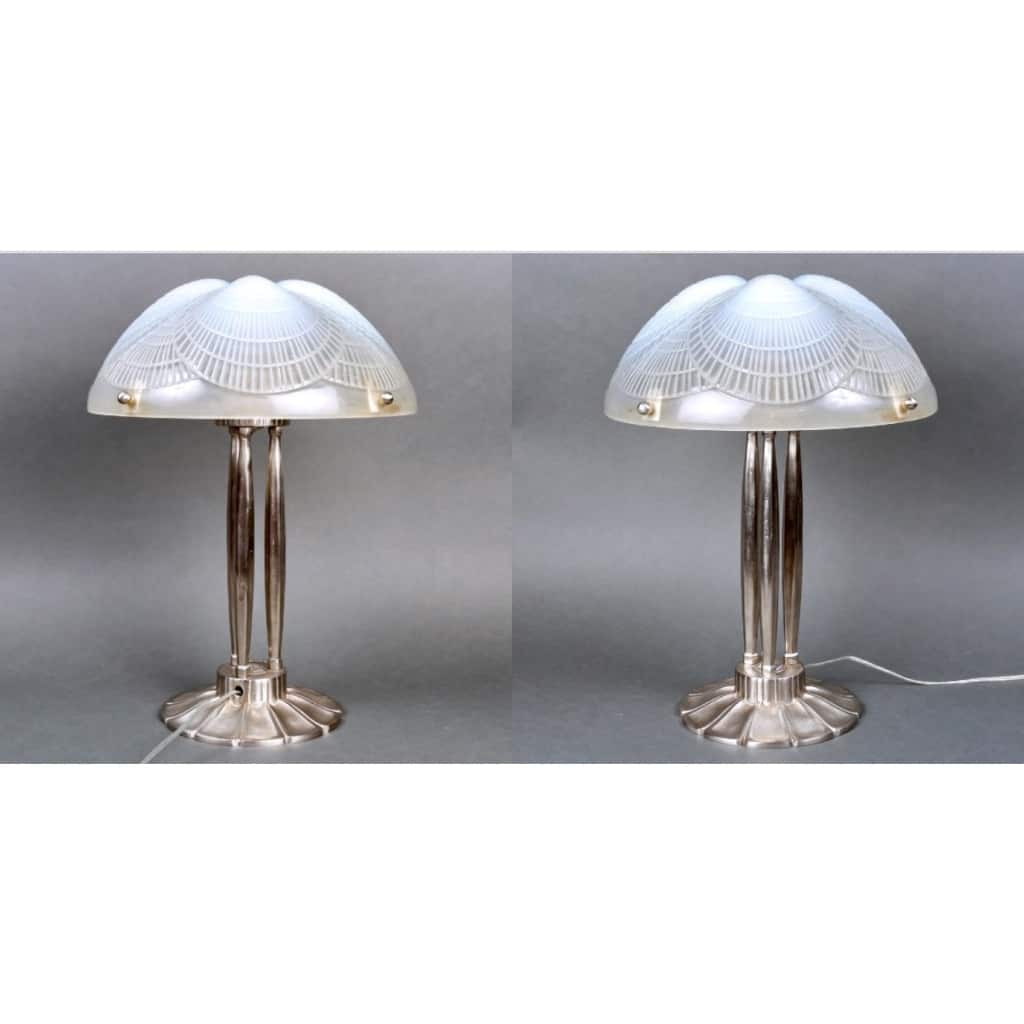 Paire de Lampes « Coquilles » verre opalescent et bronze nickelé de René LALIQUE | Biron 